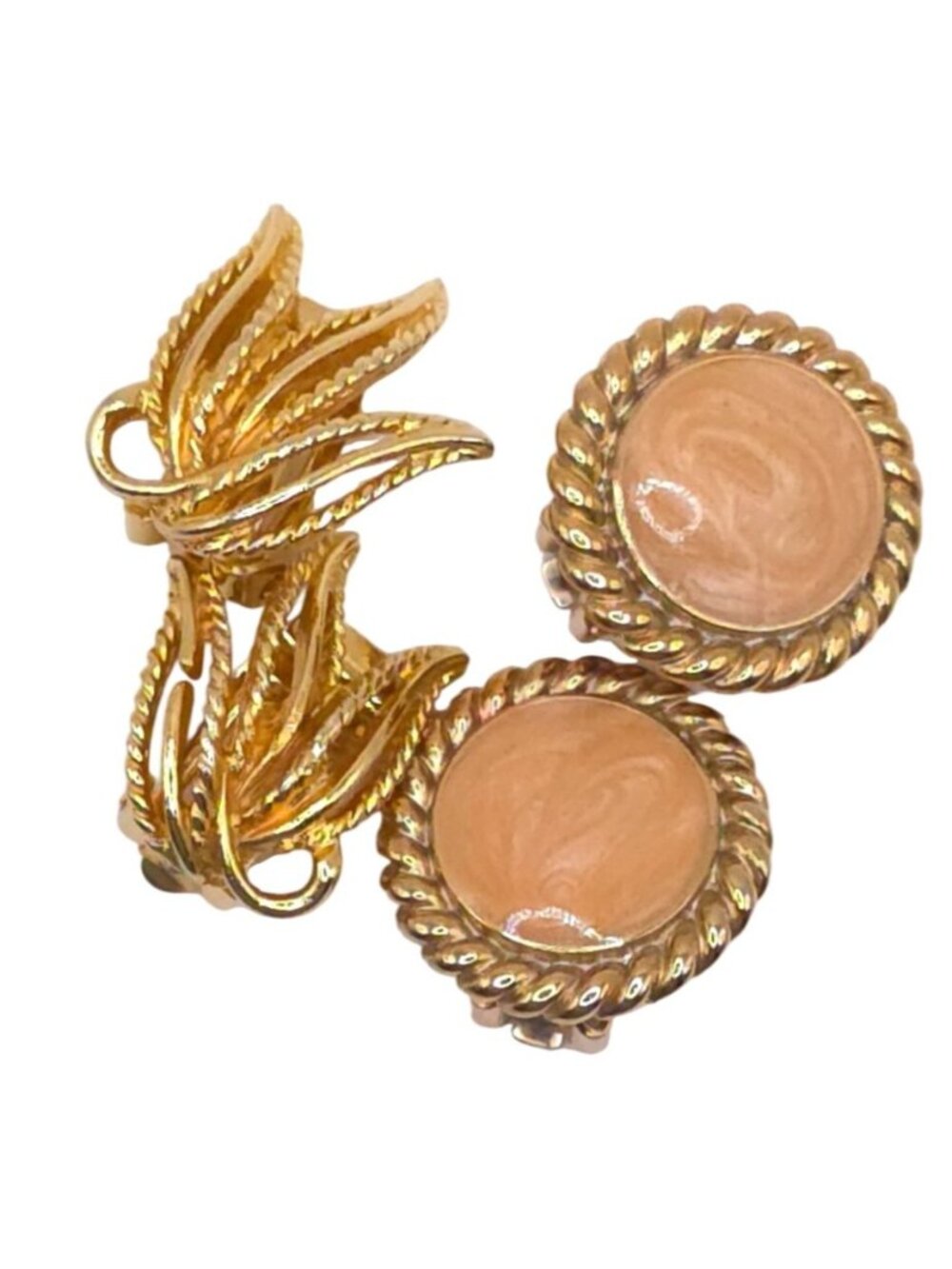 2pr Vintage Gold-Tone Clip-On Earrings: Leaf & Marbled Peach Cabochon Set